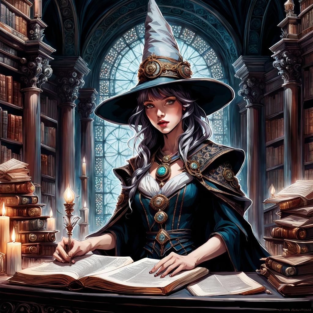 Roman Scribe Witch in Opulent Library, Dark Fantasy