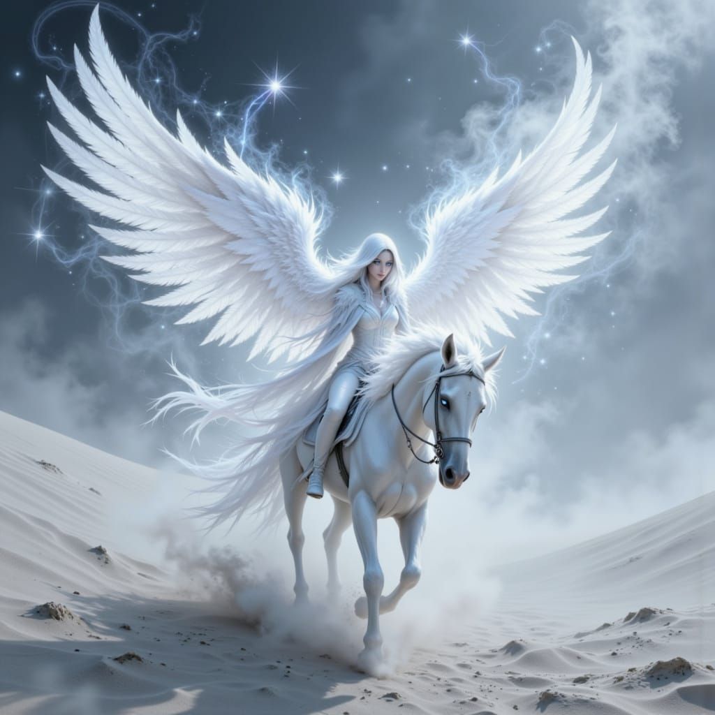 Angel Rider on White Horse in Glowing Desert