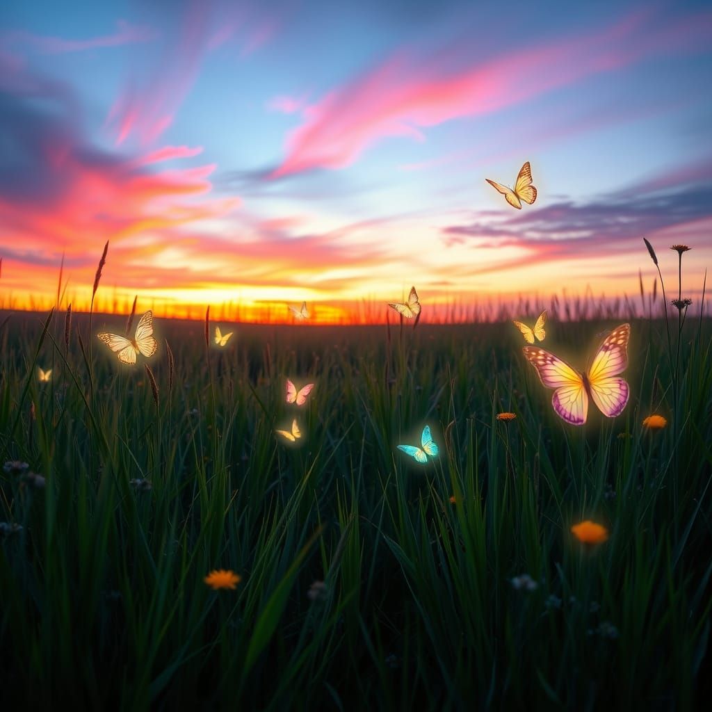 Twilight Meadow of Ethereal Butterflies in Vibrant Colors
