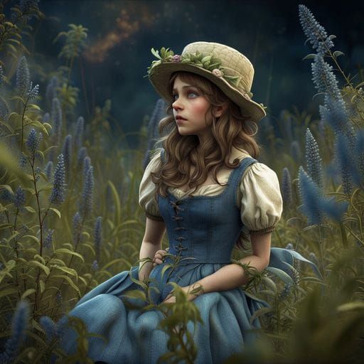 Girl Amongst Purple Flowers with Blue Eyes