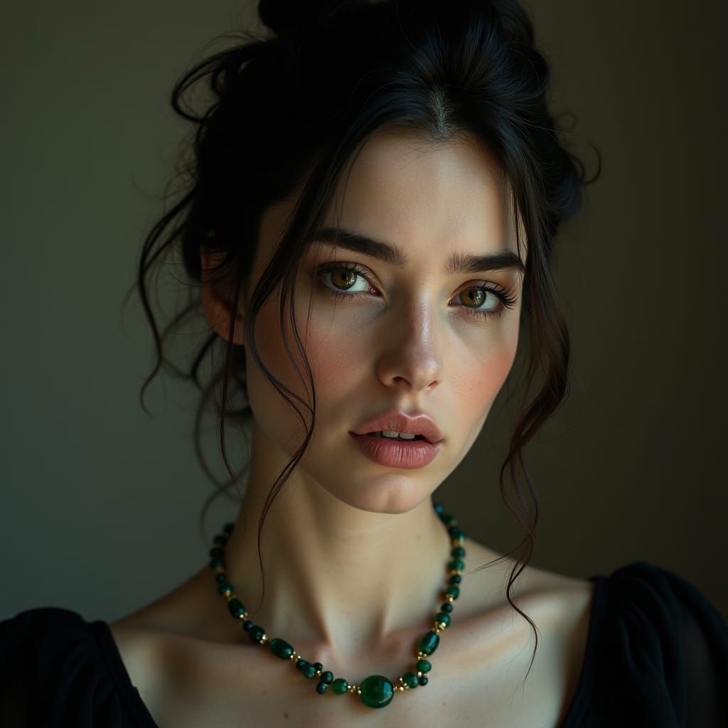 Cinematic Portrait of Girl with Emerald Necklace