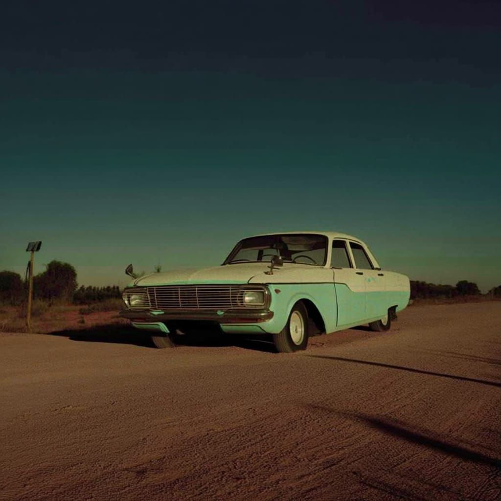 Vintage Pastel Car on Dusty Road at Twilight