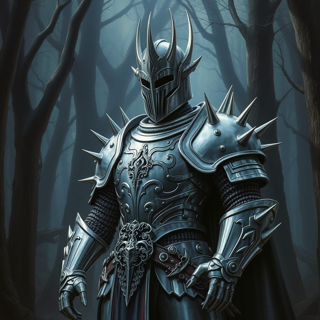 Dark Fantasy Knight in Ornate Silver Armor