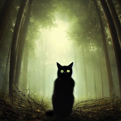 Black Cat in Enchanted Forest, Greg Rutkowski Style