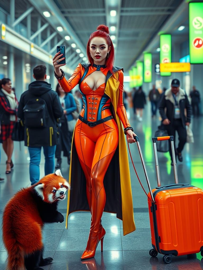 Android Selfie in Futuristic Airport with Red Panda