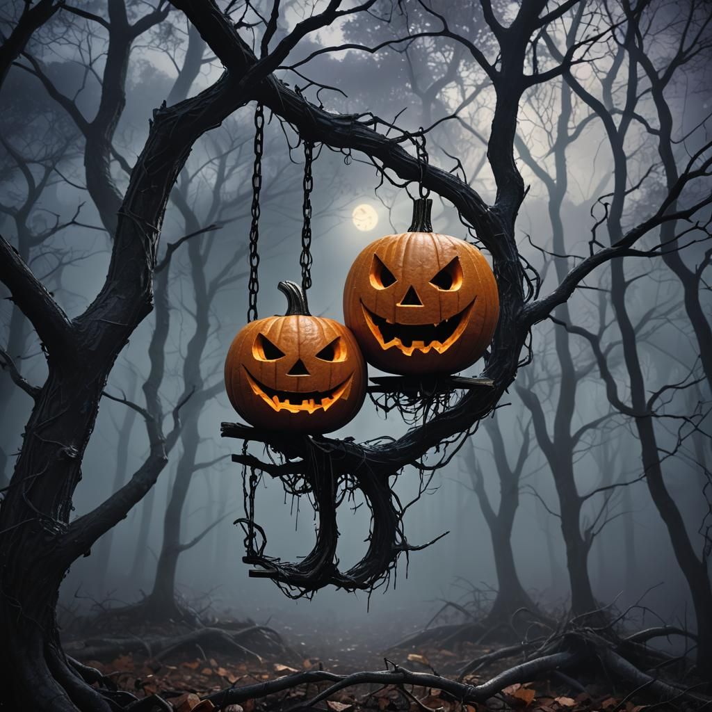 Sinister Jack-O'-Lantern on a Swing: Surreal Dark Fantasy