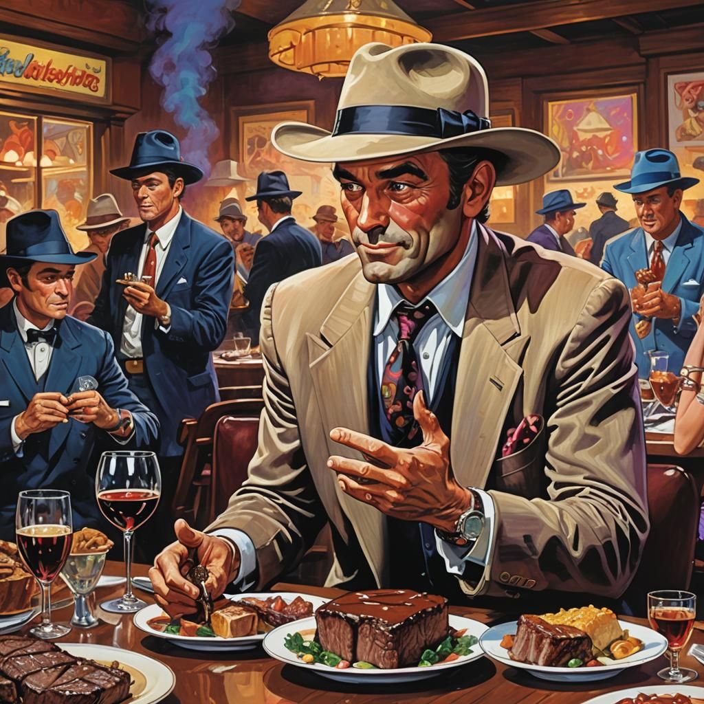 Surreal Restaurant Scene with Cattle in Fedoras