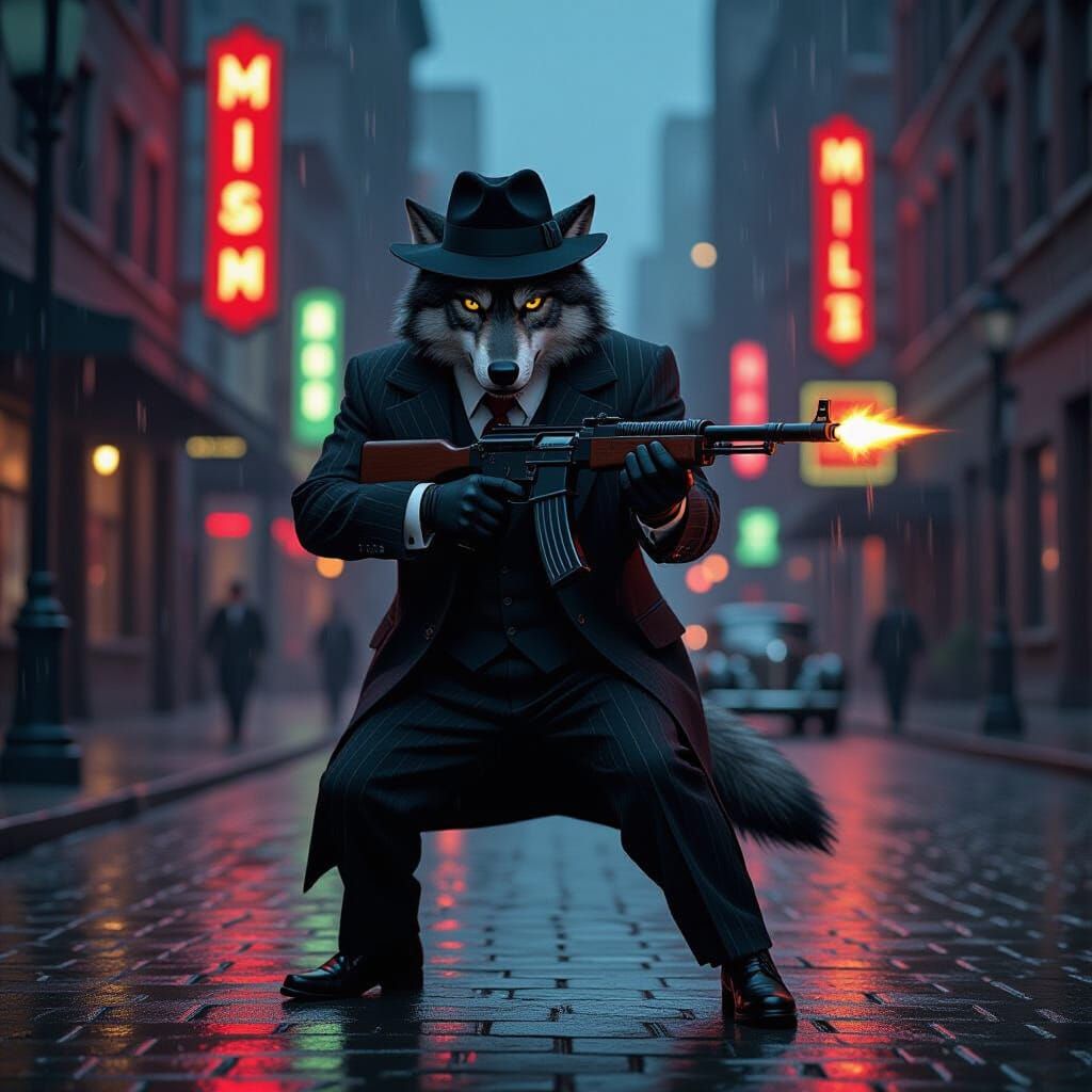 1920s Gangster Wolf with Tommy Gun in Art Deco Chicago