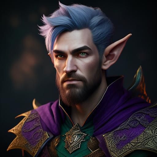 Male Elf Wizard in Purple Robes: Hyperrealistic Splash Art