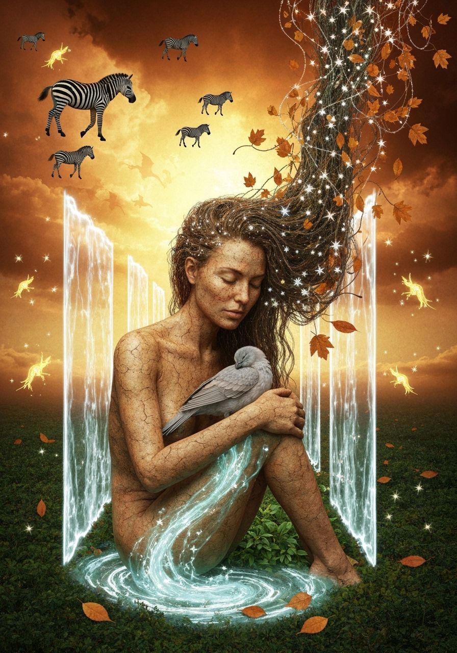 Ethereal Woman with Inner Oasis and Celestial Hair