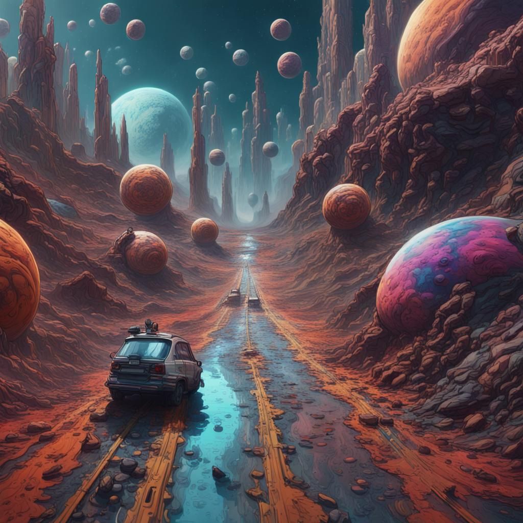 Futuristic Space Road to Colored Planets