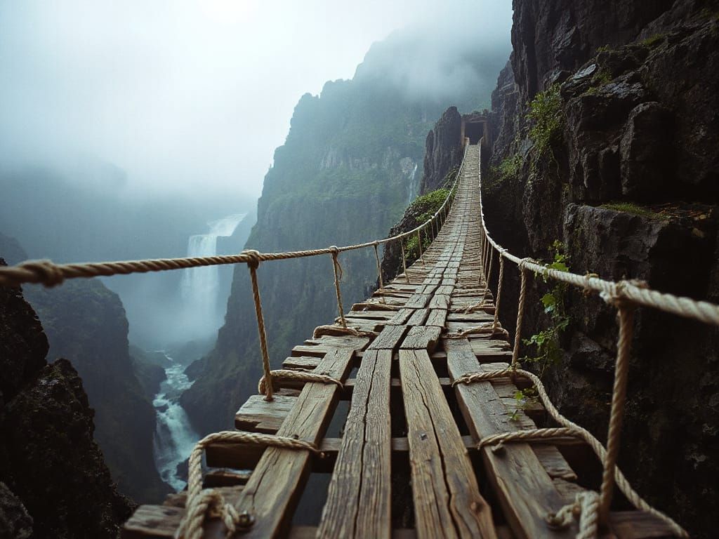 Ethereal Wooden Rope Bridge Suspended Over a Treacherous Can...