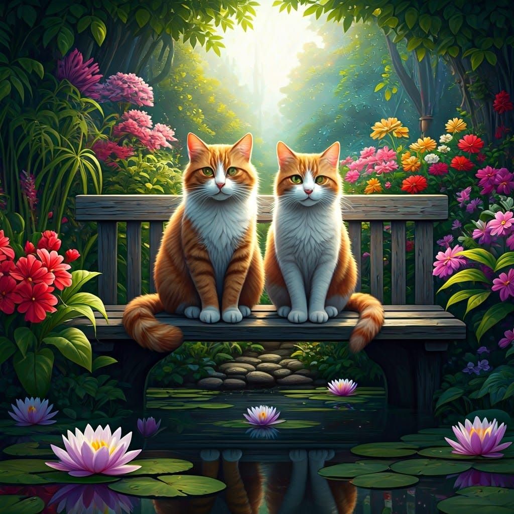 Ginger Cats in Whimsical Cottage Garden Scene
