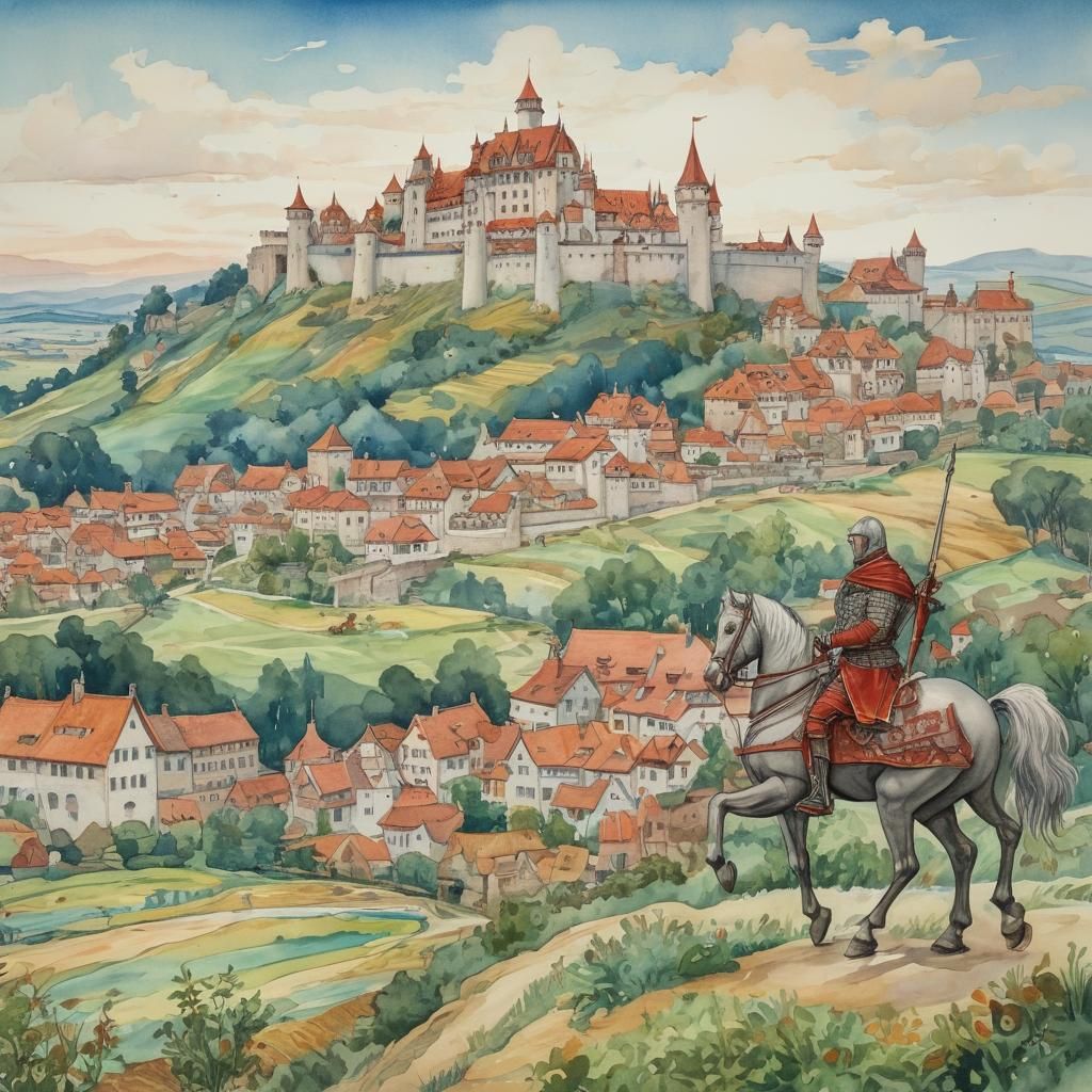 Medieval Knight on Steed in Vibrant Watercolor