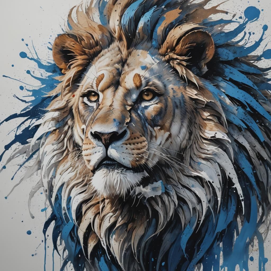 Tribal Art Lion in Blue and White