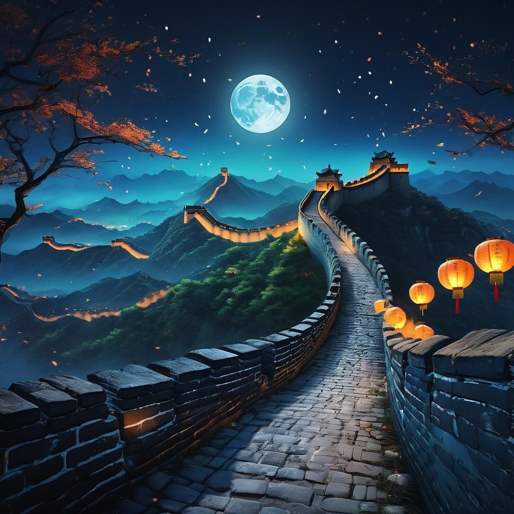 Great Wall of China at Night: Anime Style