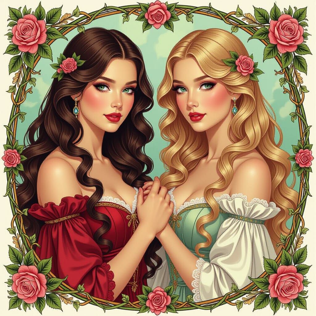 Mirrored Women with Roses, Alphonse Mucha Style