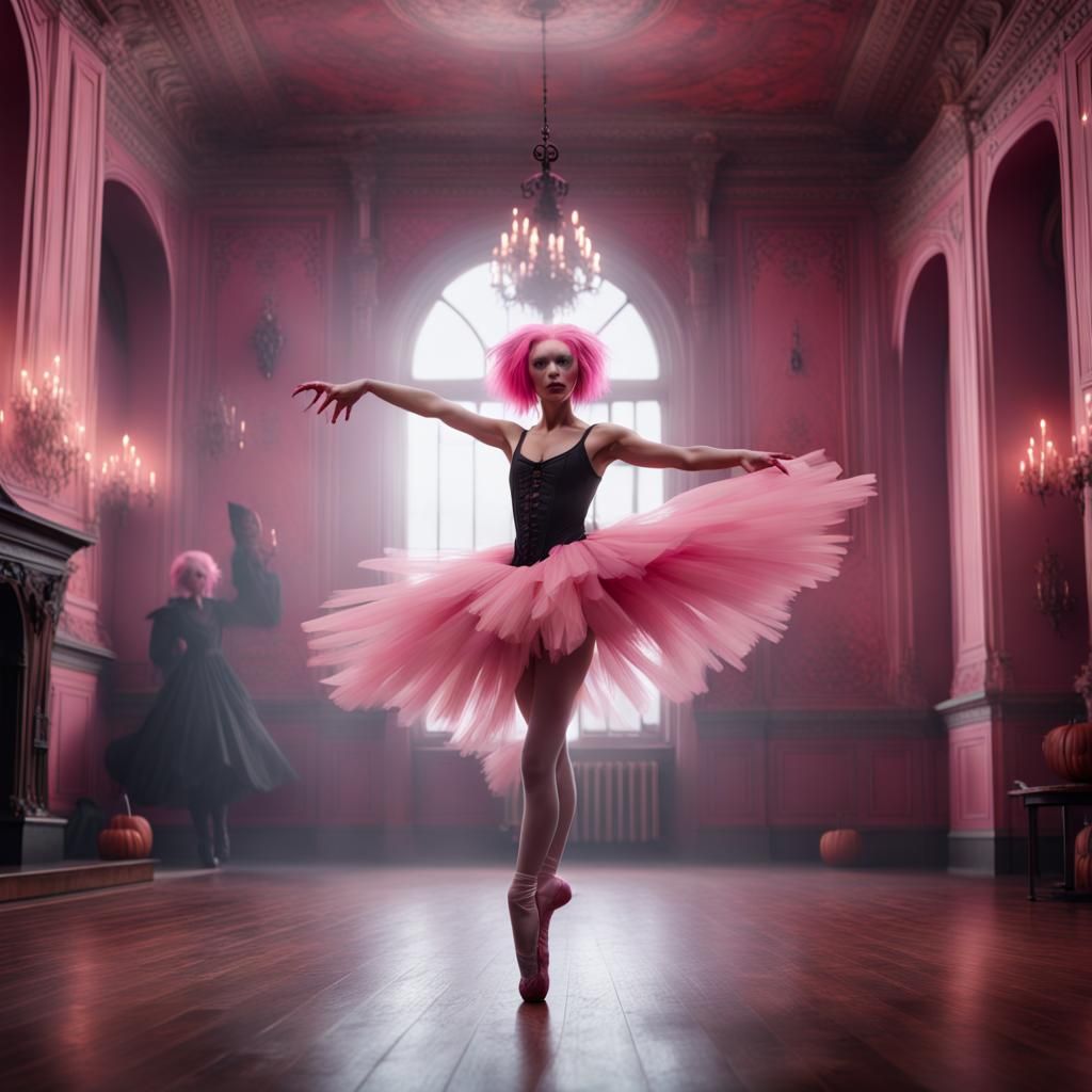 Ballerina with pink hair dancing on Halloween