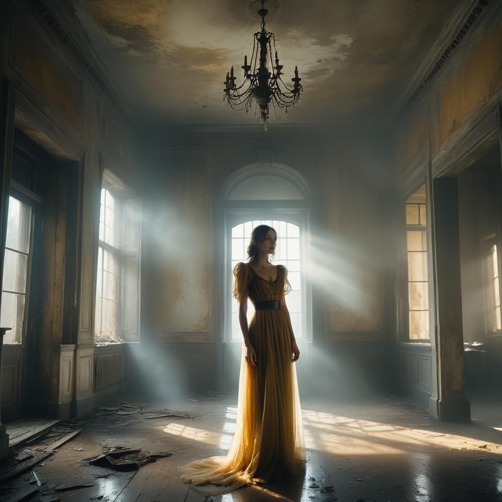 Girl in Long Dress Among Ruins: Cinematic Still