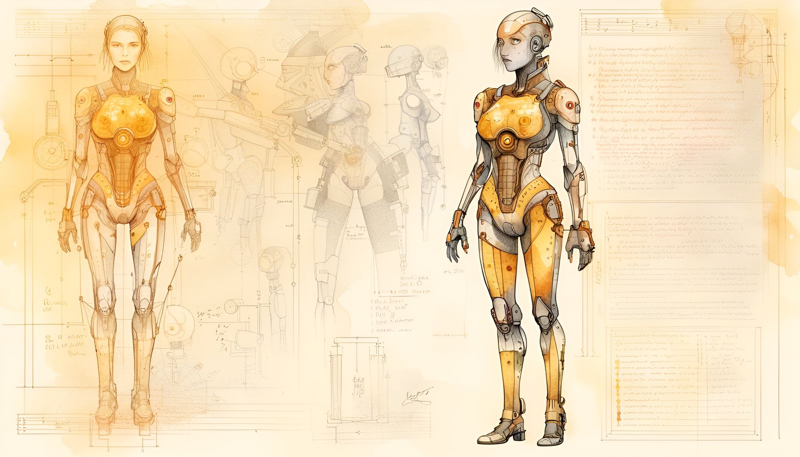 Detailed Schematic of a Female Cyborg in CAD Style