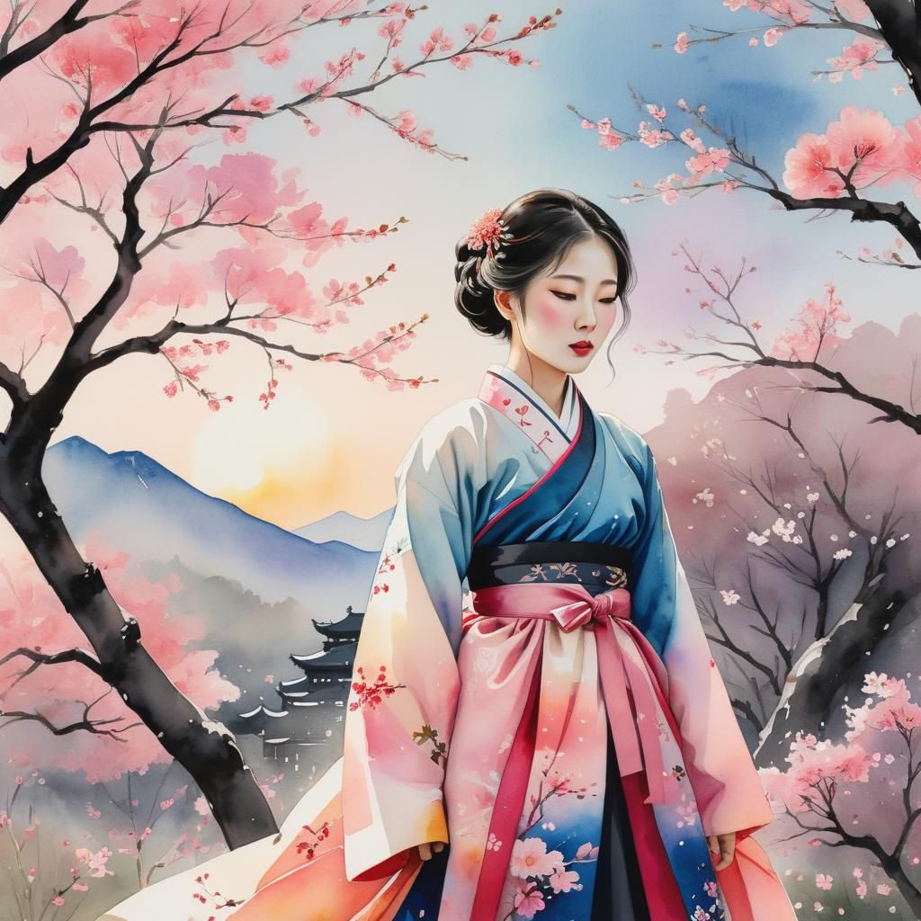 Woman in Hanbok in Ukiyo-e Garden