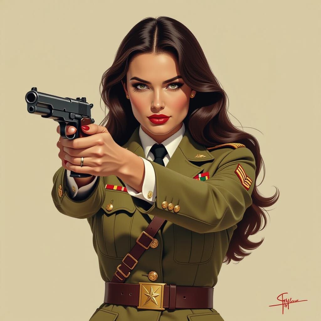 WW2 American Officer Woman Fires Colt 1911, Cinematic Style