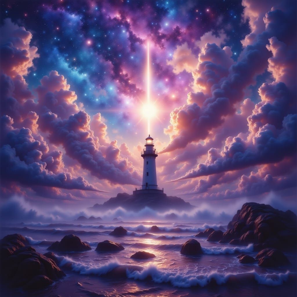 Lighthouse Beam Pierces Swirling Nebula in Vibrant Digital A...