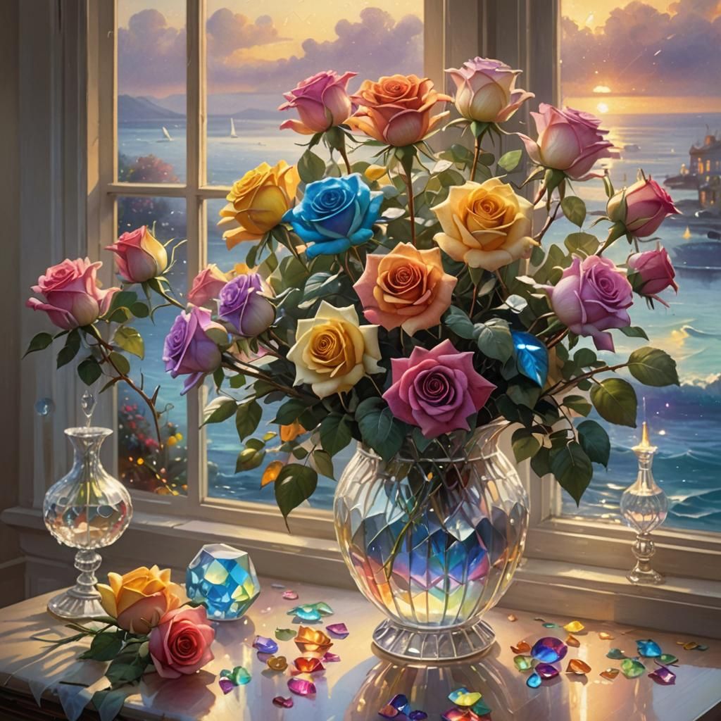 Rainbow Roses in Crystal Vase, Ethereal Oil Painting