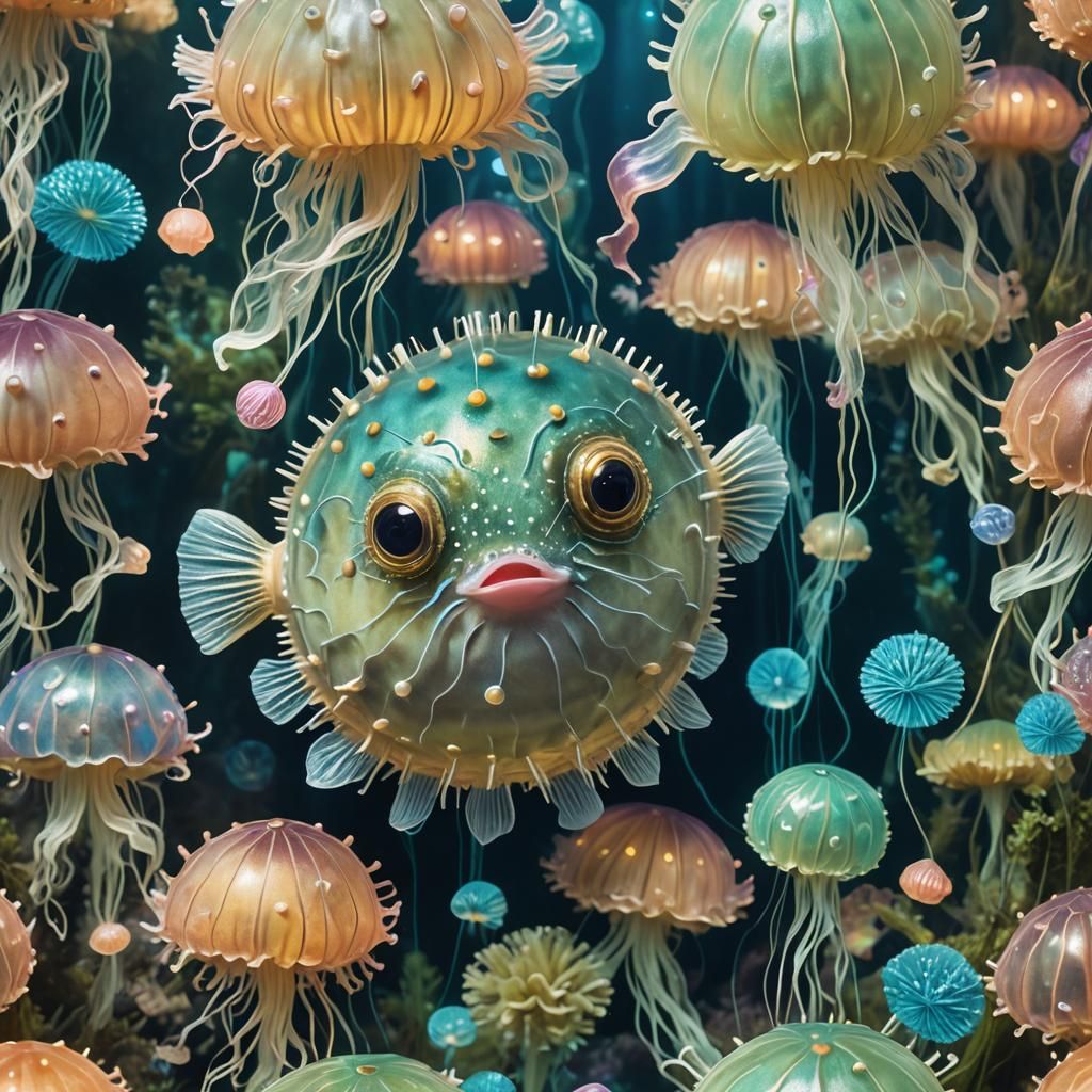 Underwater Forest with Bioluminescent Jellyfish and Pufferfi...