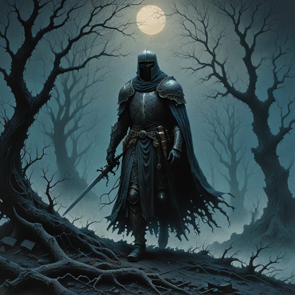 Spectral Knight in Mist: A Dark Fantasy Painting