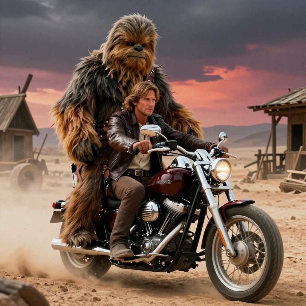Han Solo and Chewbacca Ride Harley in Desert