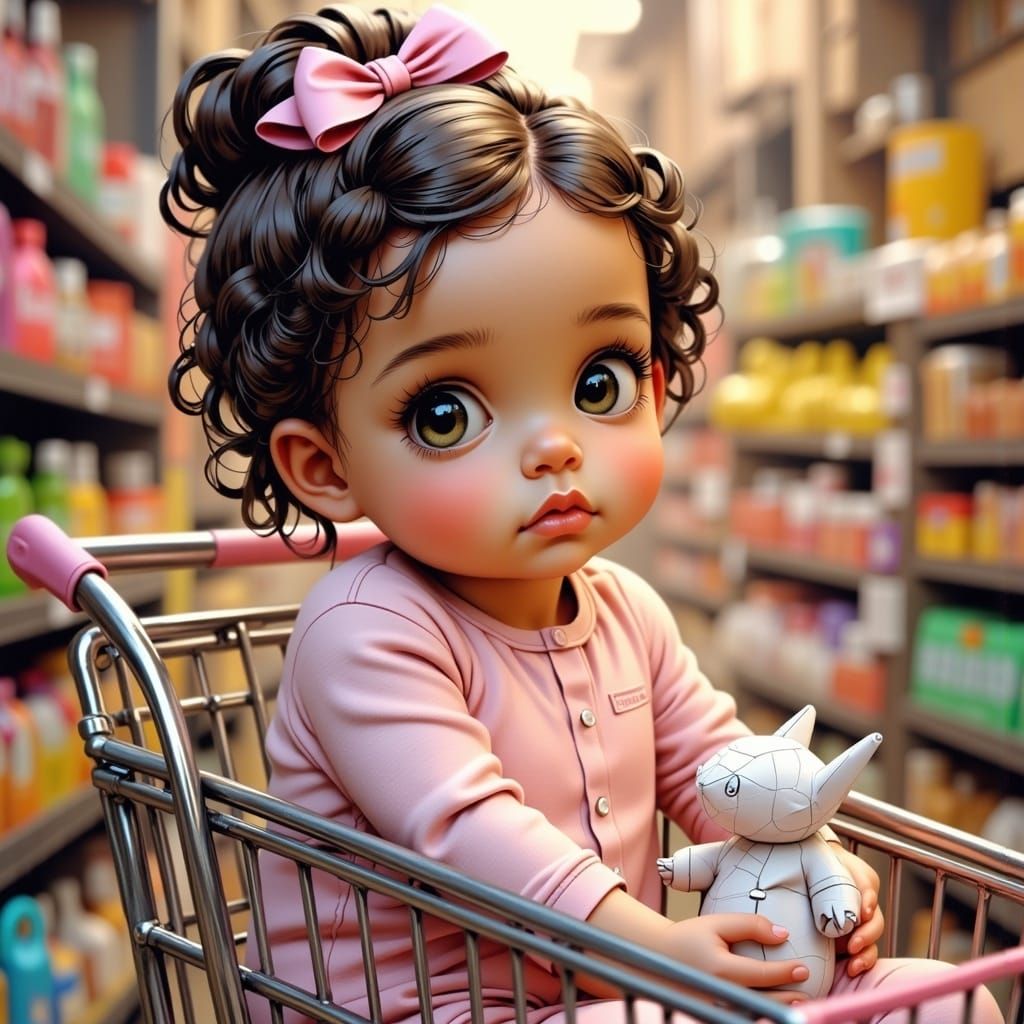 Baby Girl with Origami Baby in Supermarket