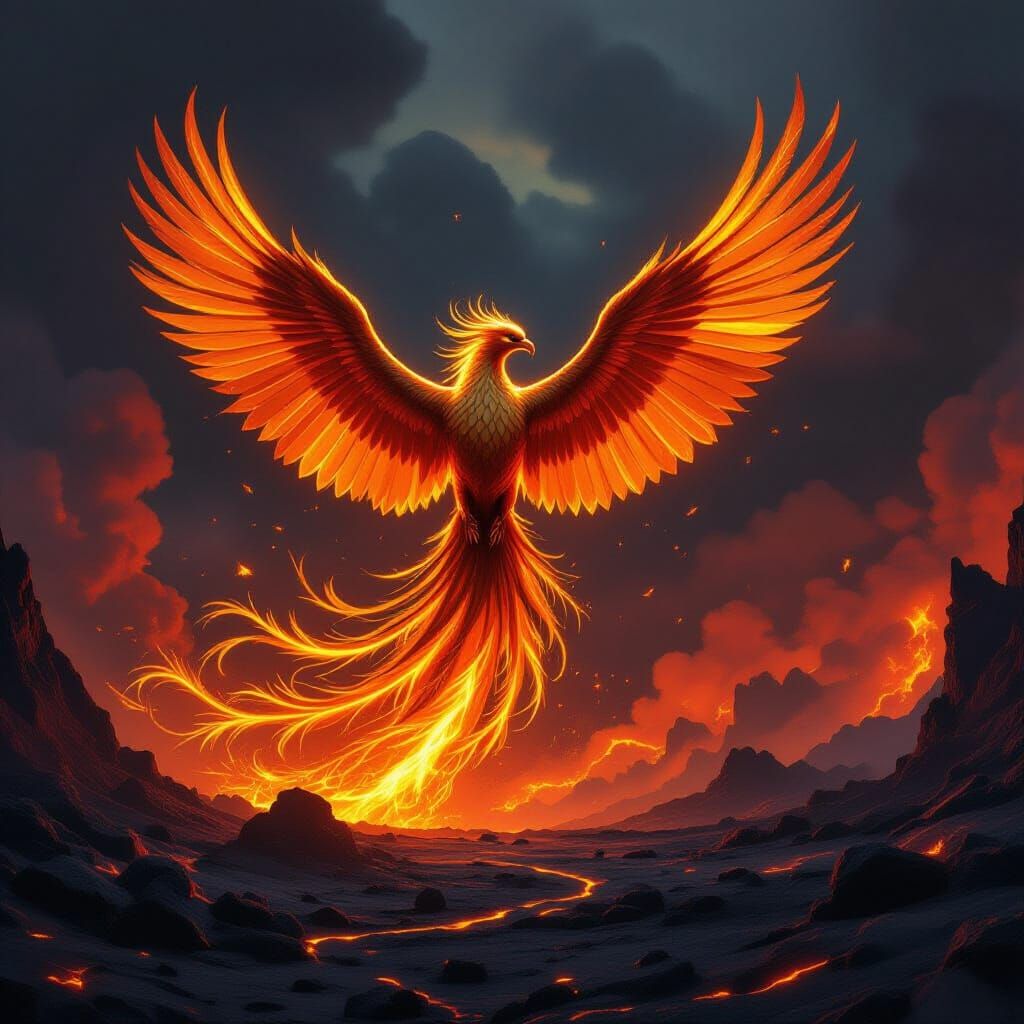 Majestic Phoenix Rises from Fiery Volcano, Gold & Obsidian F...