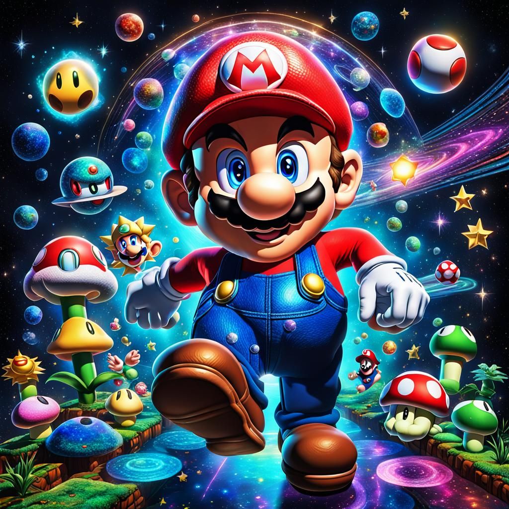 Super Mario: Holographic Cosmic Astral Illustration