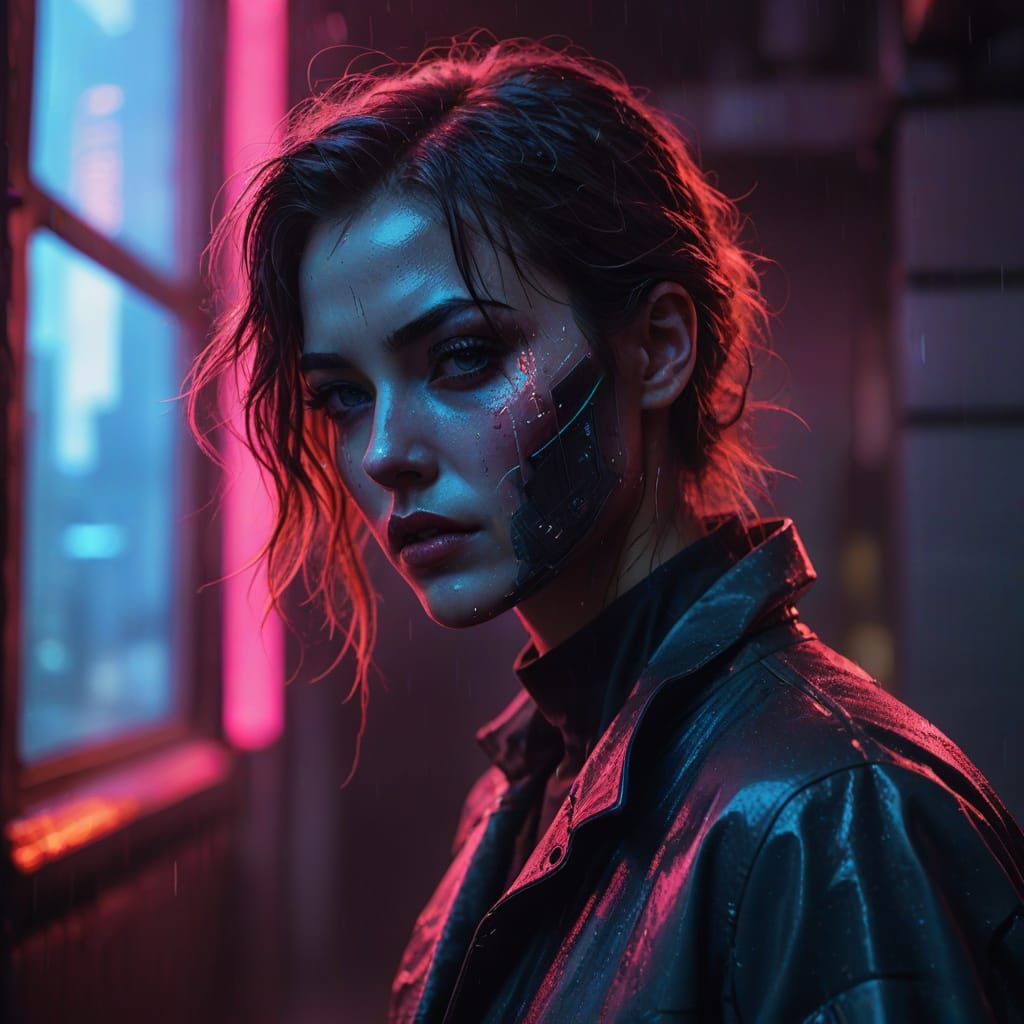 Dark Alleyway Femme Fatale in Neon-Lit Cyberpunk Metropolis