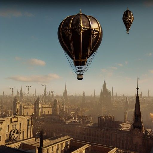 Clockwork Gothic City with Steampunk Air Balloon