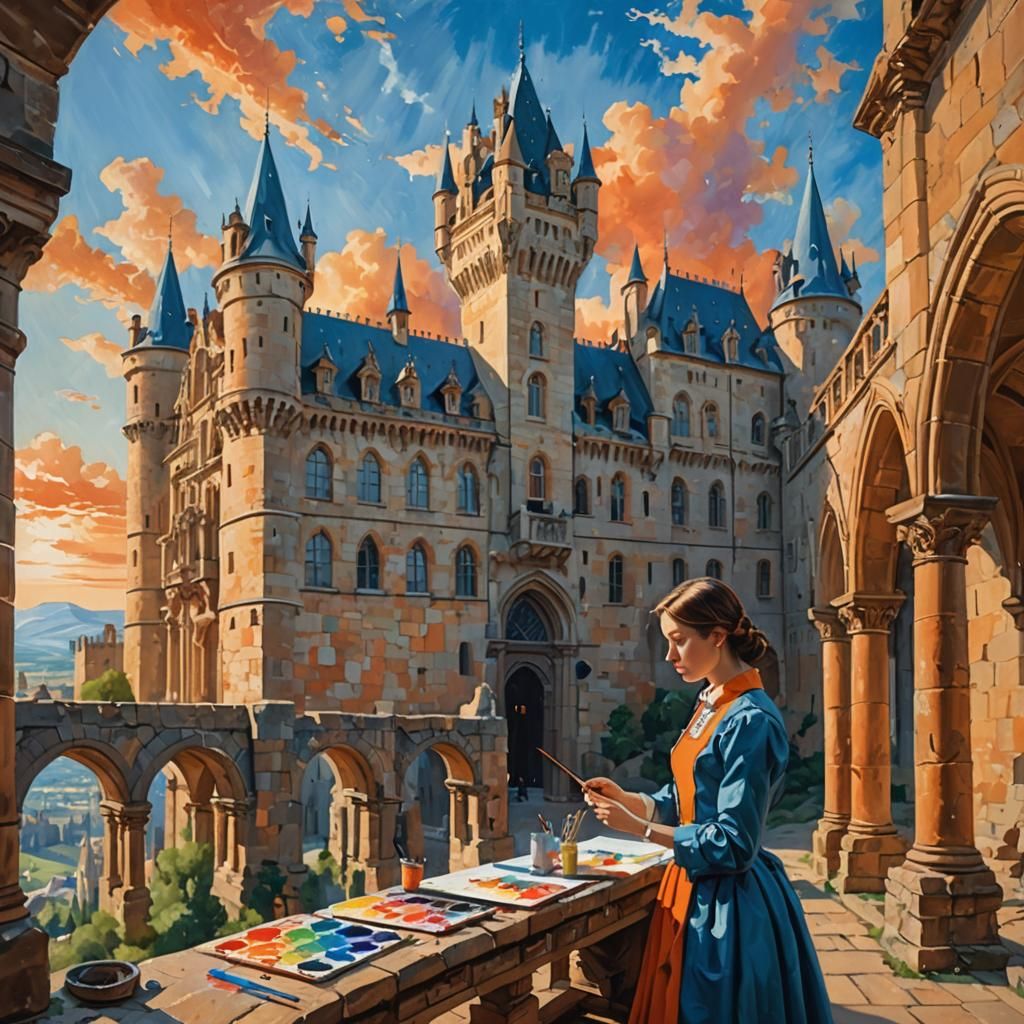 Woman Painting in Castle with Vintage Style