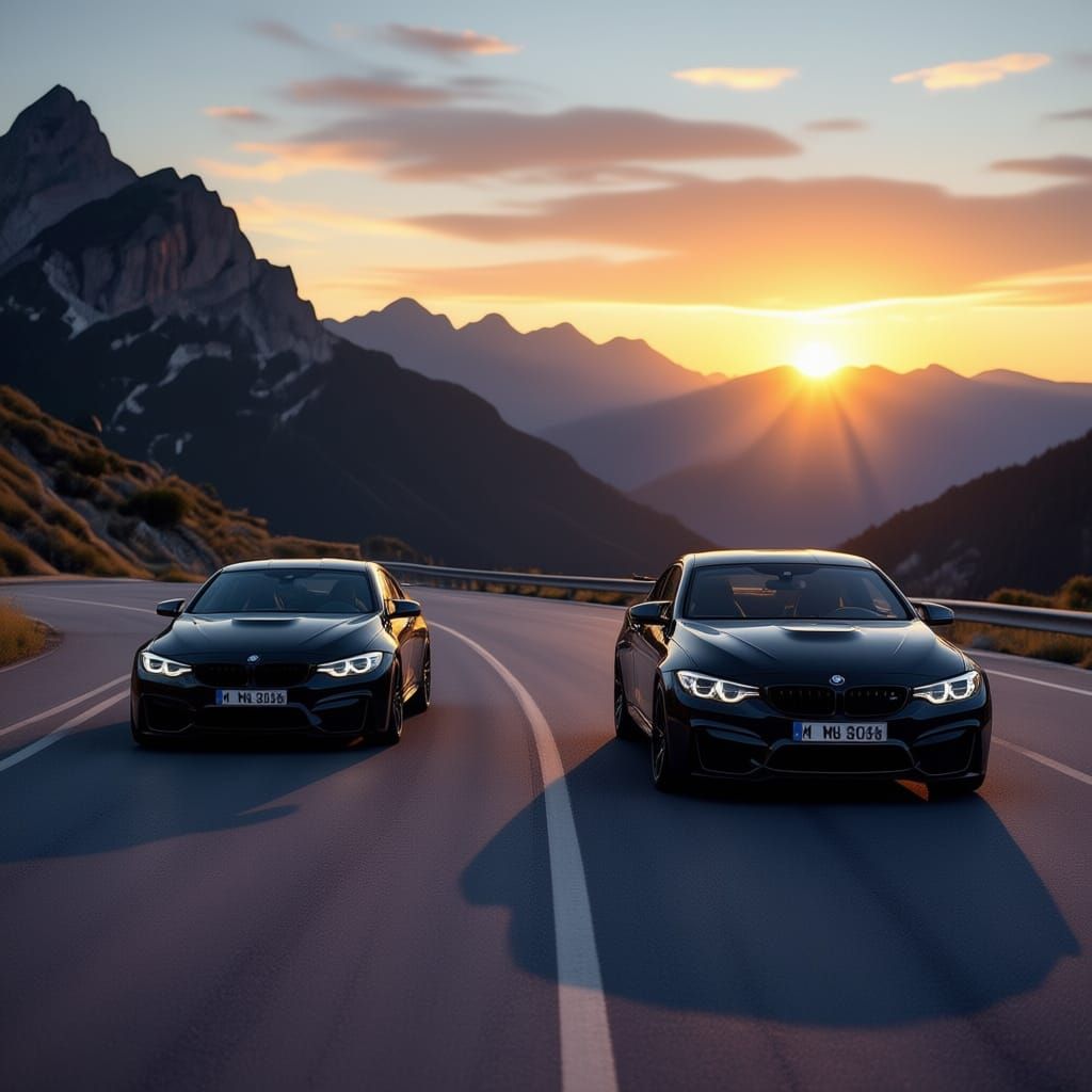 BMW M4 and M5 on Mountain Road at Sunset