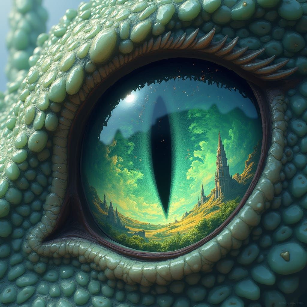 Dragon's Eye Reflecting a Dark Fantasy Realm