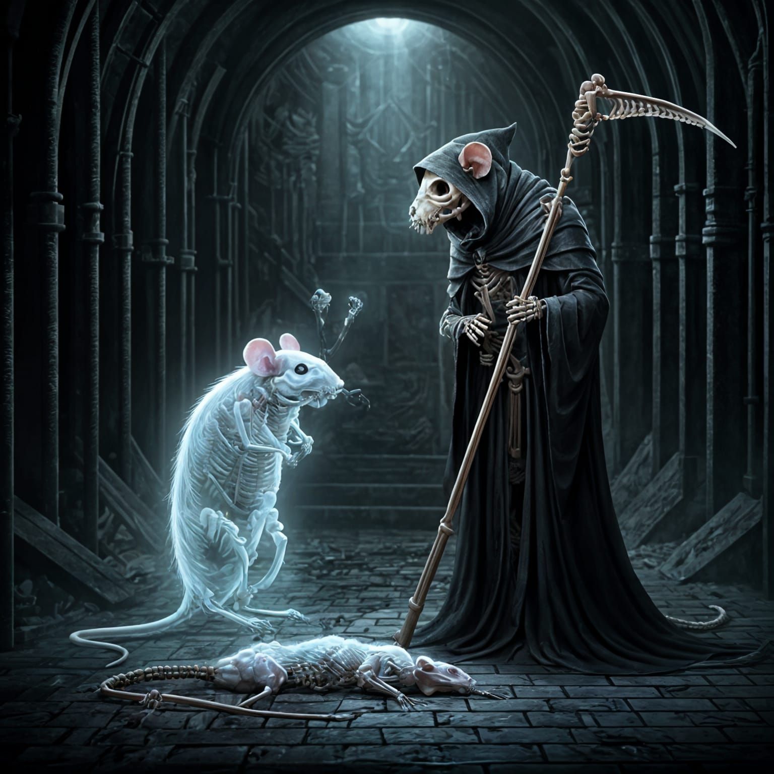 The Mortal Reaper Converses with a Rat's Ghost in a Dark, Ch...
