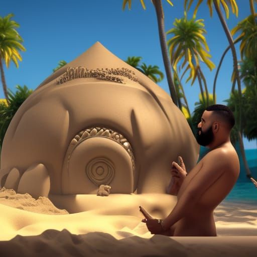 Dj Khaled shirtless on the beach building a sand castle