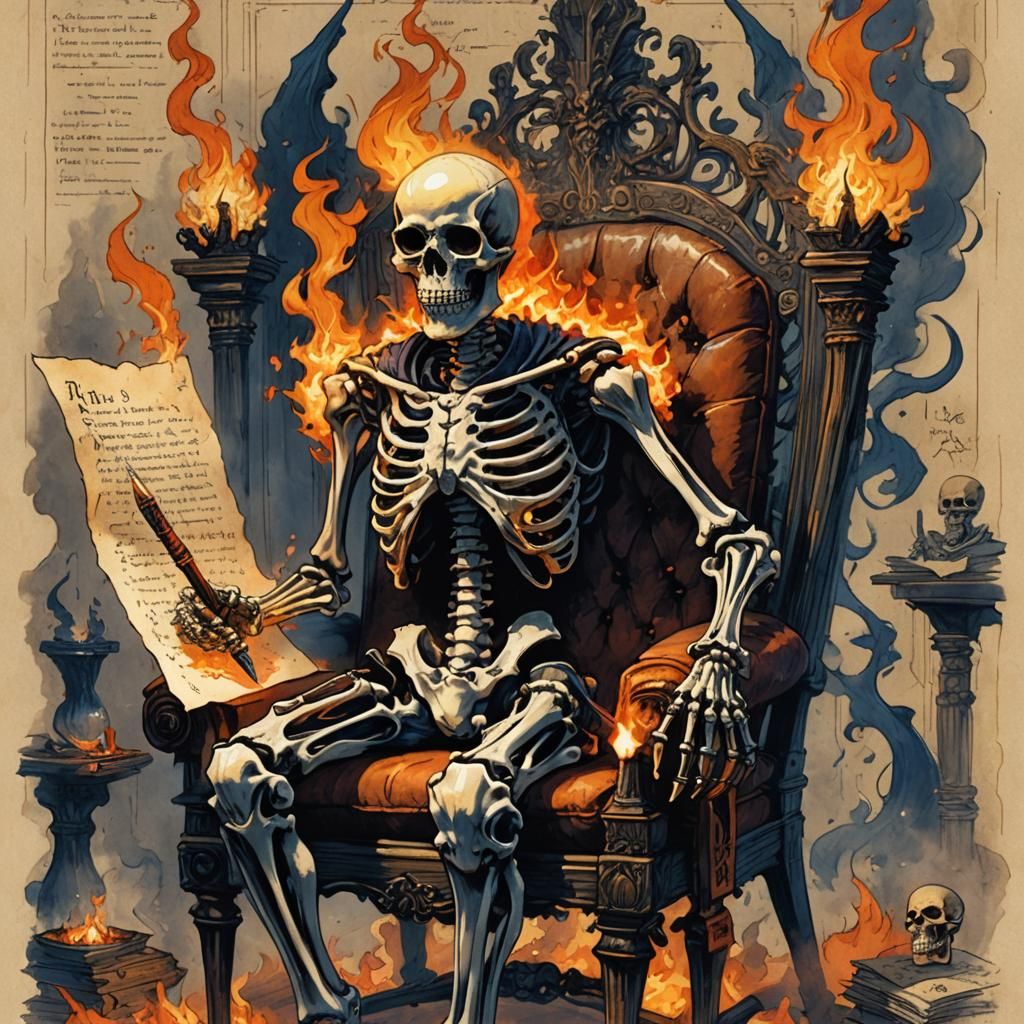 Flaming Skeleton Scribe in Dark Fantasy Art
