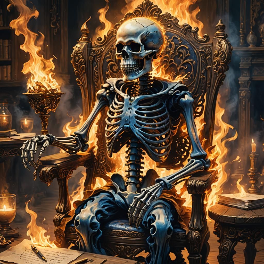 Flaming Skeleton Scribes in Dark Fantasy Art