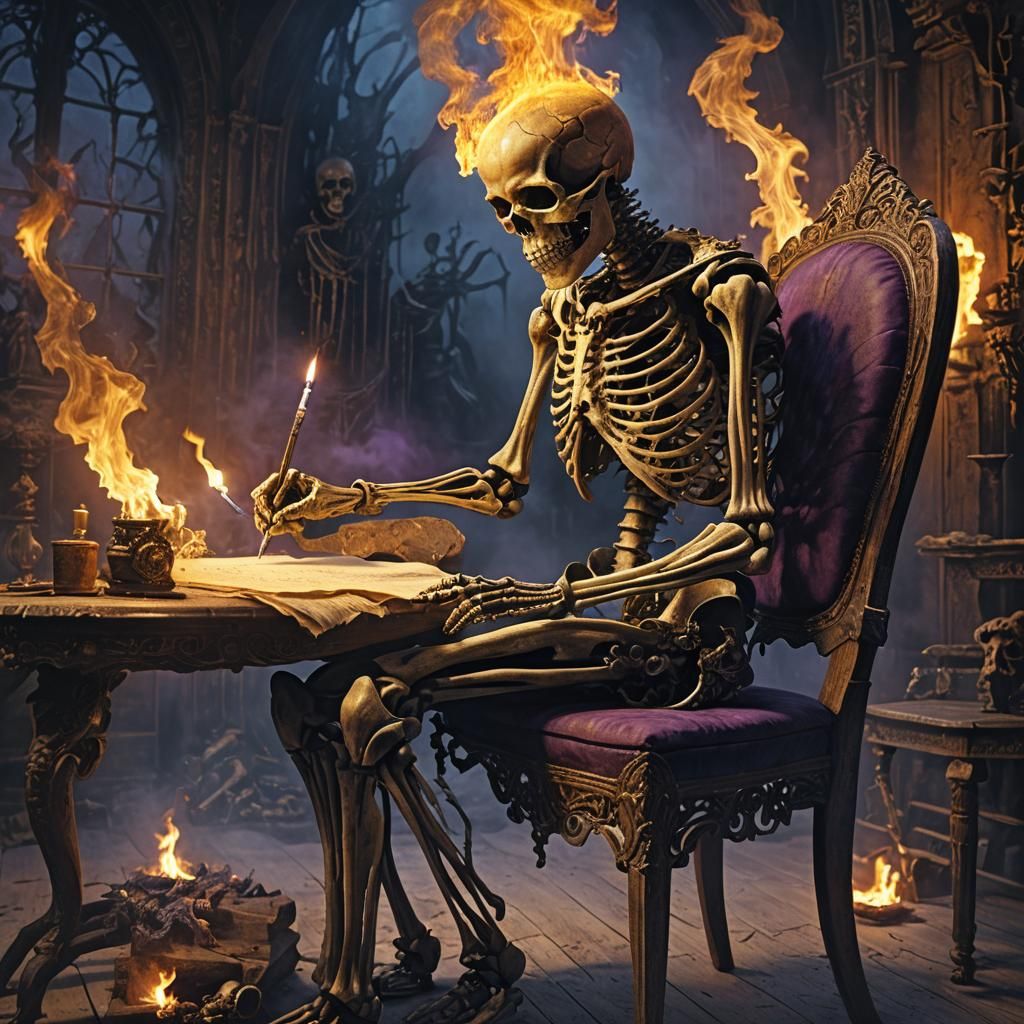 Fiery Skeleton Writer in Dark Fantasy Style