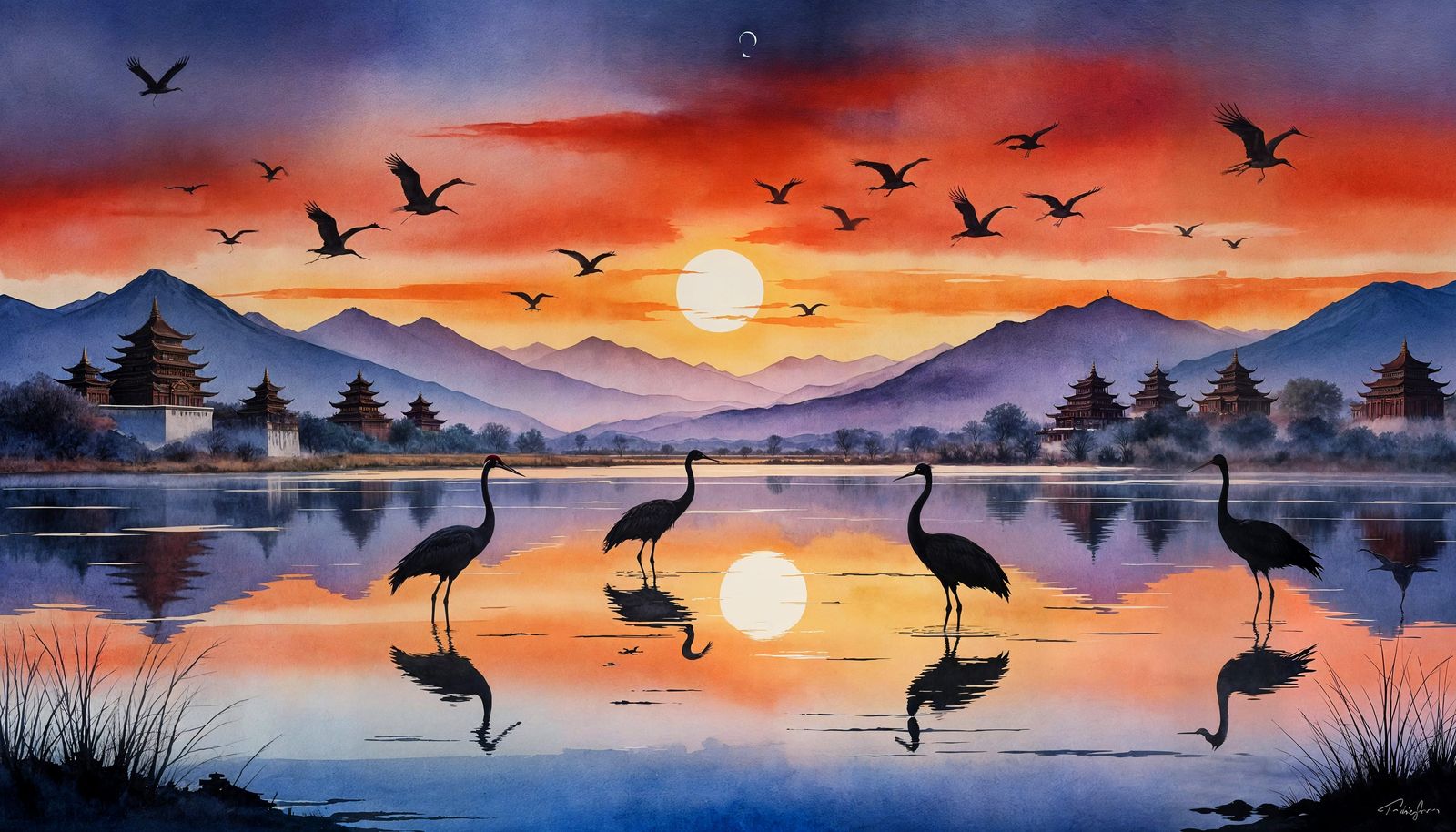 Cranes in Tibet Sunset: Watercolor Painting