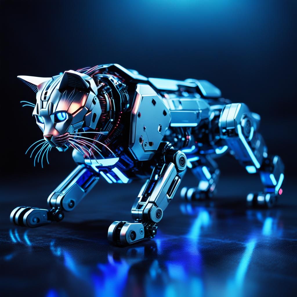 Cyberpunk Robot Cat Body Rolls on Metallic Floor