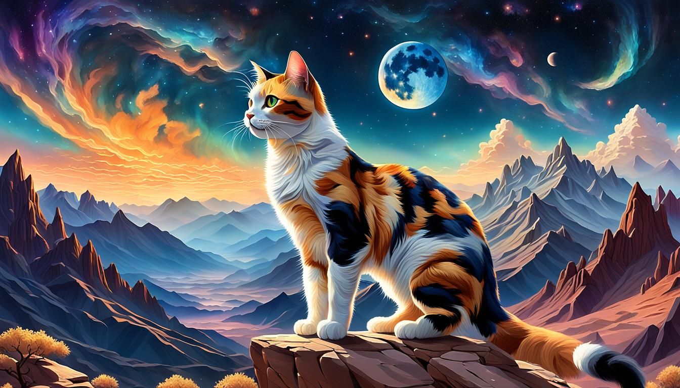Calico Cat Contemplates Fantasy Landscape in Anime Style