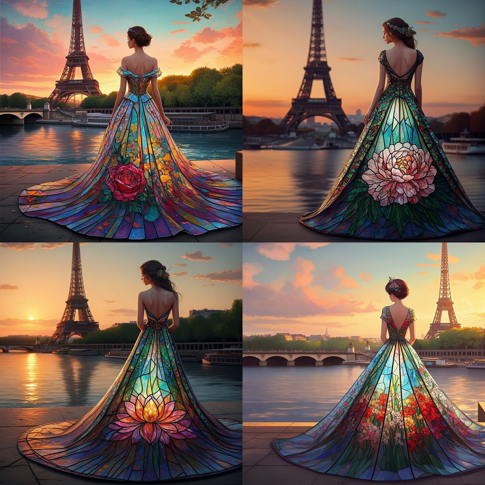 Elegant Woman in Stained Glass Gown Against Sunset Sky with ...