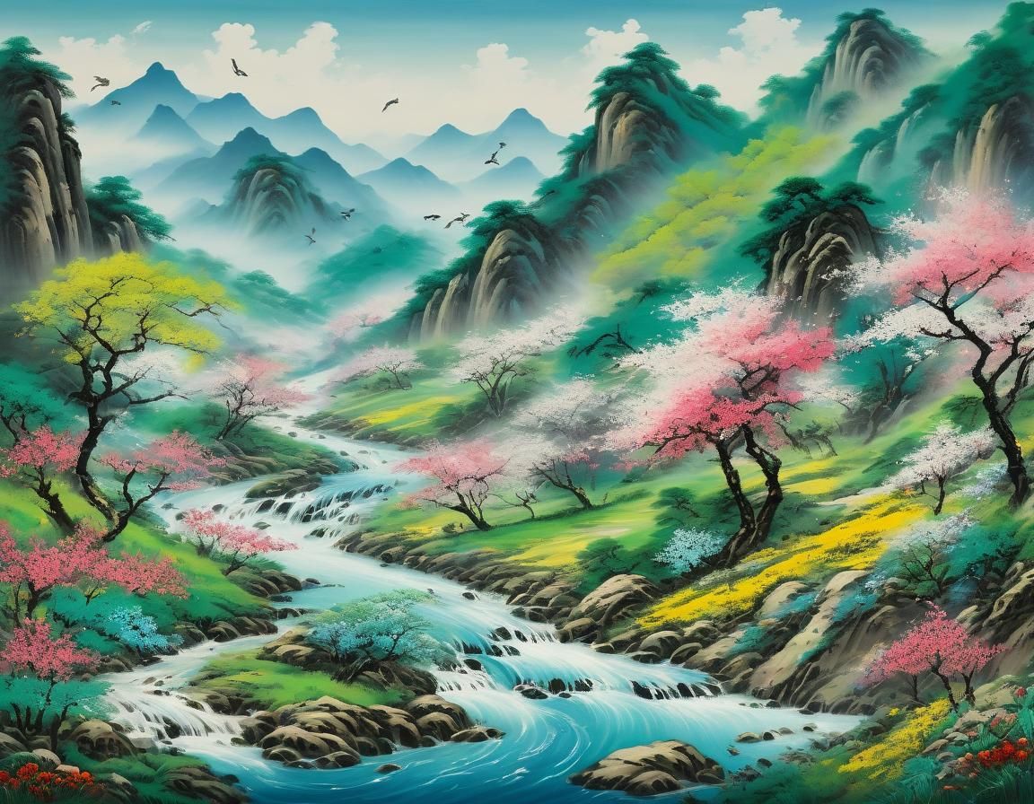 Mountain Spring Landscape in Traditional Style