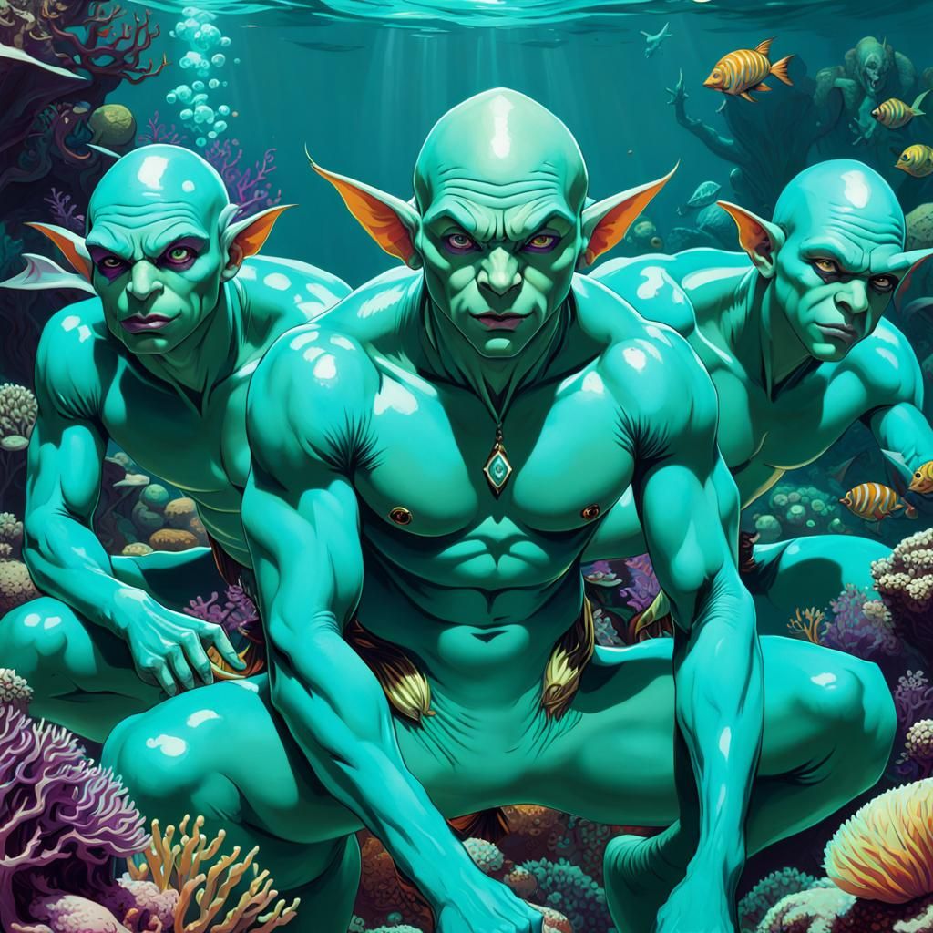 Turquoise Goblin Warlocks in a Reef, Digital Art
